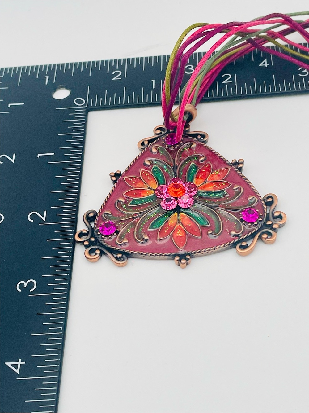 Vibrant Pink Multi Strand Multicolor Floral Triangular Pendant Necklace. 16 inch - Picture 5 of 6